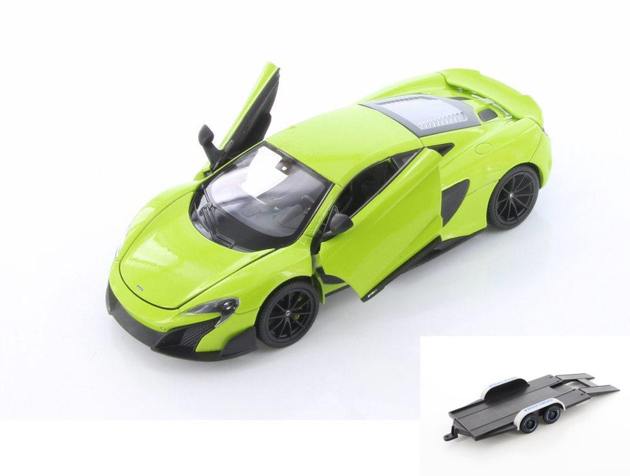 Diecast Car w/Trailer - McLaren 675LT Hardtop, Bright Green - Welly 24089/4D - 1/24 scale Diecast Model Toy Car