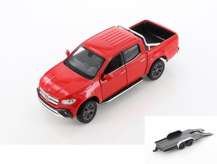 Diecast Car w/Trailer - Mercedes-Benz X-Class Pickup, Red - Welly 24100/4D - 1/24 scale Diecast Model Toy Car