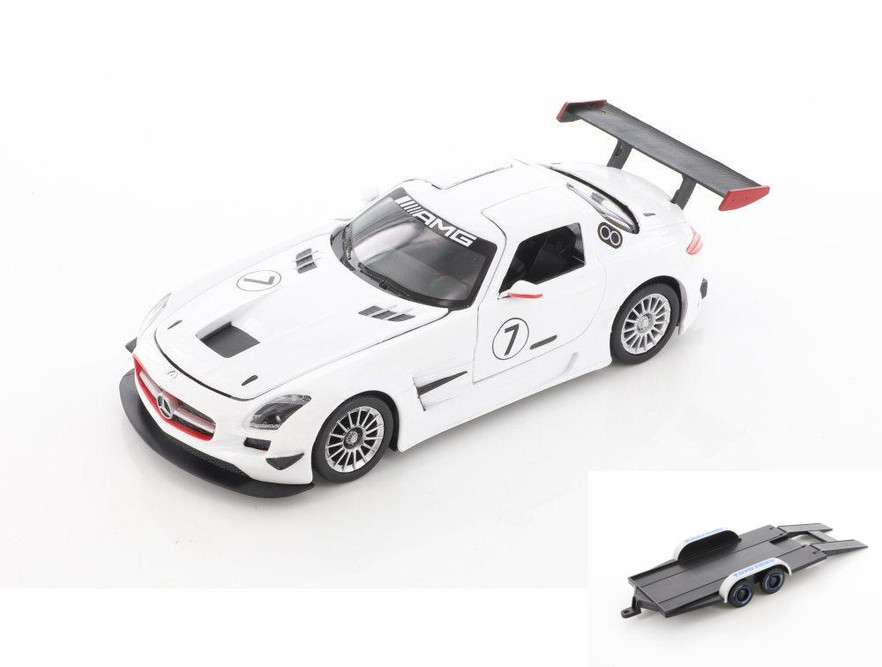 Diecast Car w/Trailer - Mercedes-Benz SLS AMG GT3 #7, White - Showcasts 73774/3D - 1/24 Diecast Car