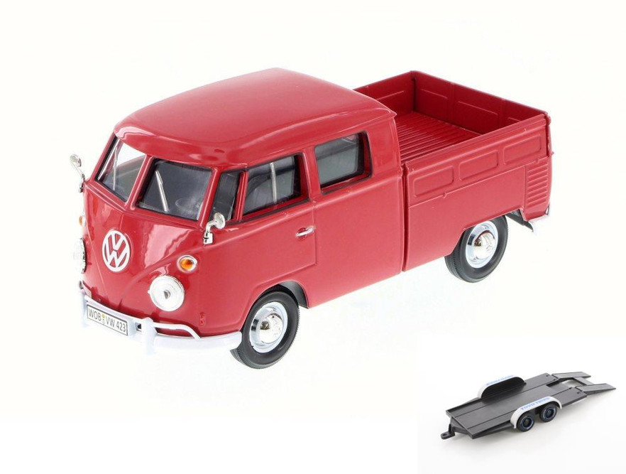 Diecast Car w/Trailer - Volkswagen Type 2 Pick-Up Bus, Red - Motor Max 79343 - 1/24 Diecast Car