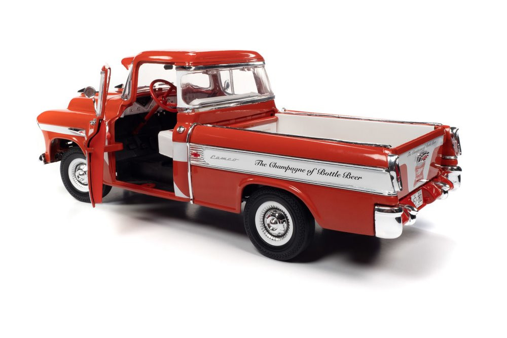 Miller High Life 1957 Chevy Cameo Pickup Truck, Red and White - Auto World  AW287 - 1/18 scale Diecast Model Toy Car