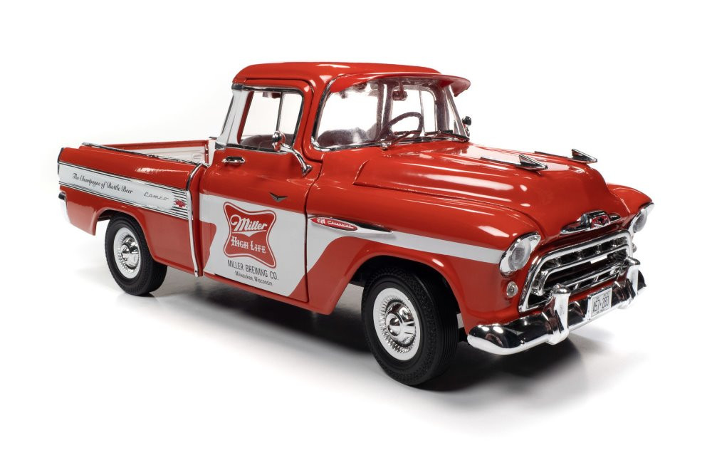 Miller High Life 1957 Chevy Cameo Pickup Truck, Red and White - Auto World  AW287 - 1/18 scale Diecast Model Toy Car