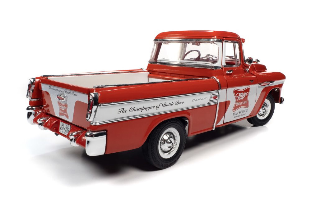 Miller High Life 1957 Chevy Cameo Pickup Truck, Red and White - Auto World  AW287 - 1/18 scale Diecast Model Toy Car