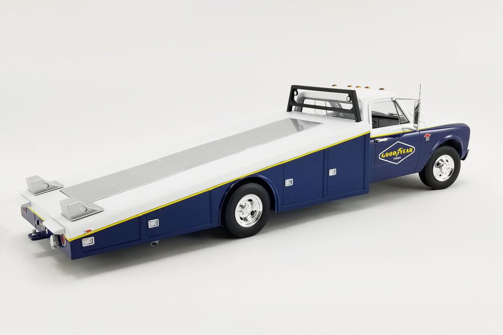 Goodyear Tires 1967 Chevy C30 Ramp Truck, Blue and White - Acme A1801706 - 1/18 scale Diecast Car