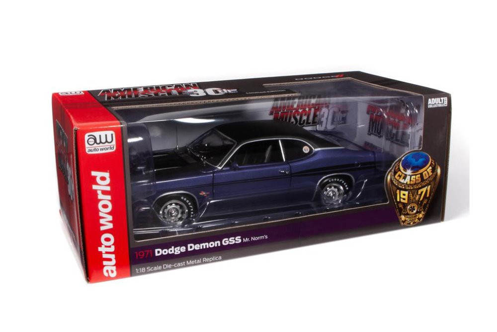 1971 Dodge Demon GSS Mr. Norm's, Plum Crazy Purple - Auto World AMM1255 - 1/18 scale Diecast Model Toy Car