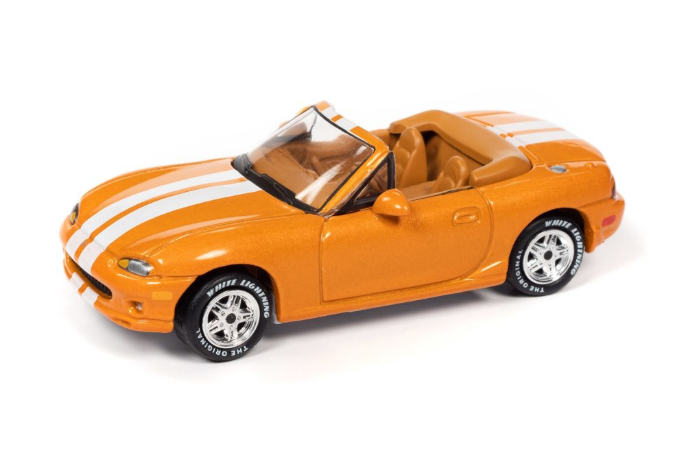 1999 Mazda Miata , Amber Orange Metallic W/ White Stripes - Johnny Lightning JLCG025/48B - 1/64 scale Diecast Model Toy Car