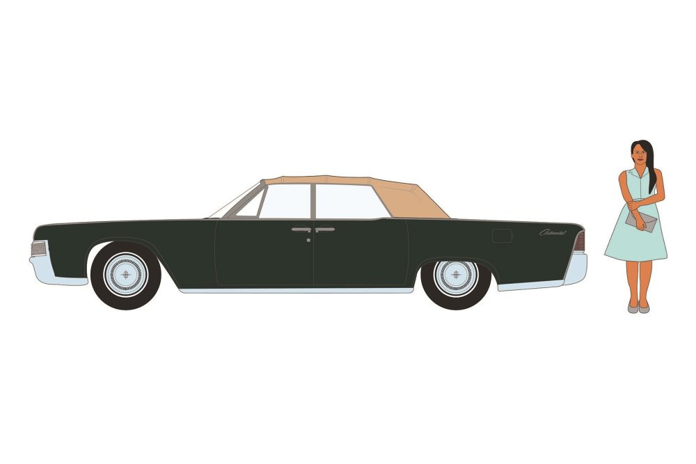 1965 Lincoln Continental Convertible and Woman in a Dress, Spanish Moss Green and Tan - Greenlight 97110B/48 - 1/64 scale Diecast Model Toy Car