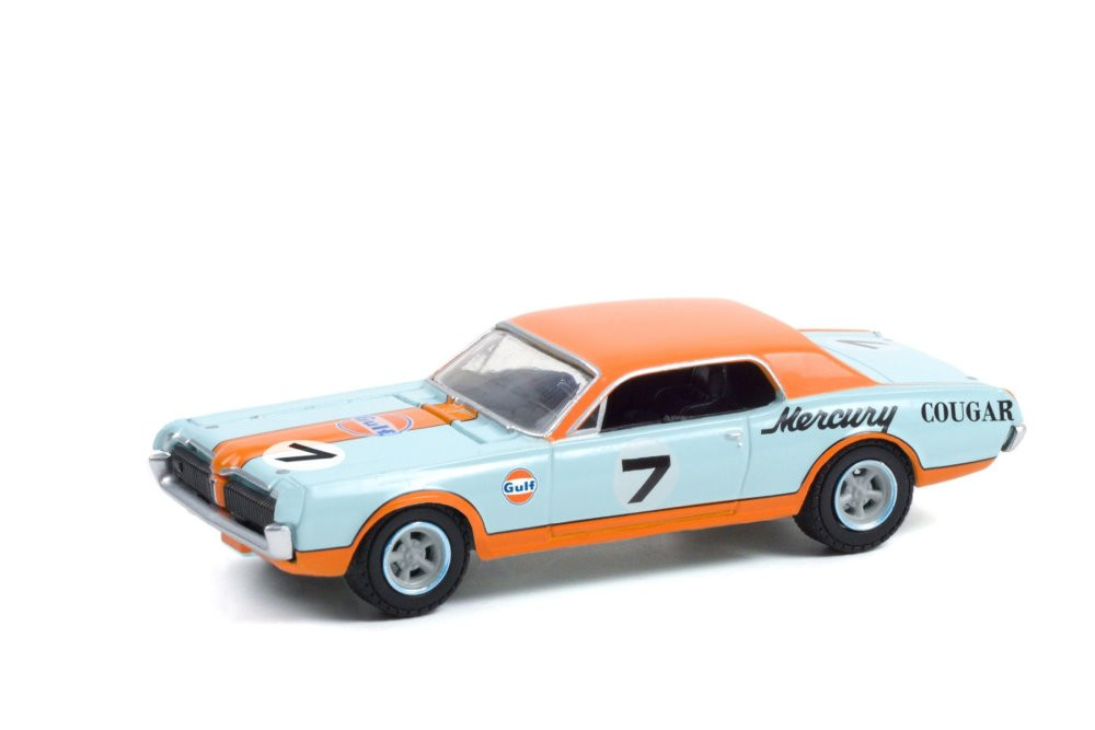 Gulf Racing 1967 Mercury Cougar XR7 Trans Am T/A Racer #7, Light Blue and Orange - Greenlight 41130B/48 - 1/64 scale Diecast Model Toy Car