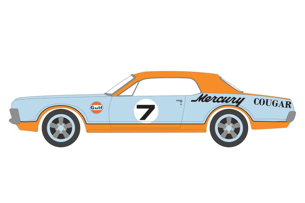 Gulf Racing 1967 Mercury Cougar XR7 Trans Am T/A Racer #7, Light Blue and Orange - Greenlight 41130B/48 - 1/64 scale Diecast Model Toy Car