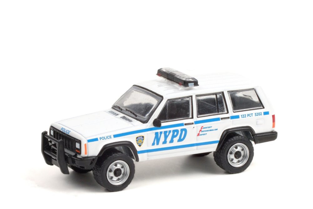 New York City Police Dept 1997 Jeep Cherokee , White & Blue - Greenlight 42960C - 1/64 Diecast Car