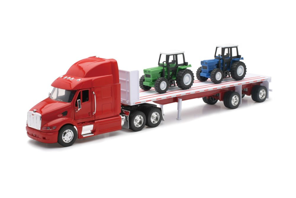 Peterbilt 387 Flatbed with Farm Tractors, Red - New Ray 10283A - 1