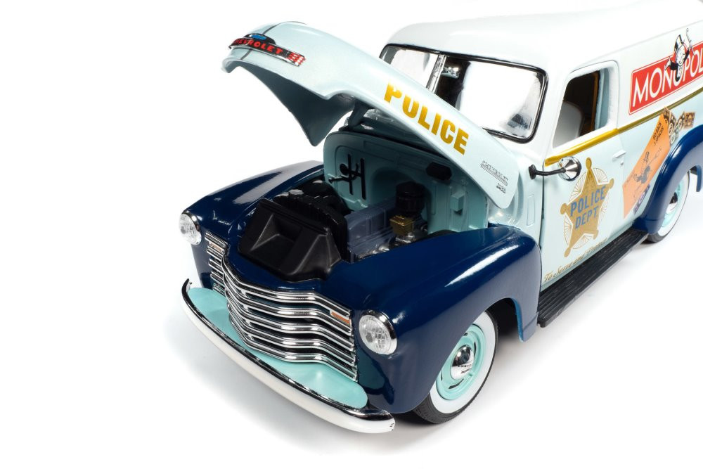 1948 Chevy Panel Police Van w/Mr. Monopoly Figurine, AWSS129 1/18 scale Diecast Model Toy Car