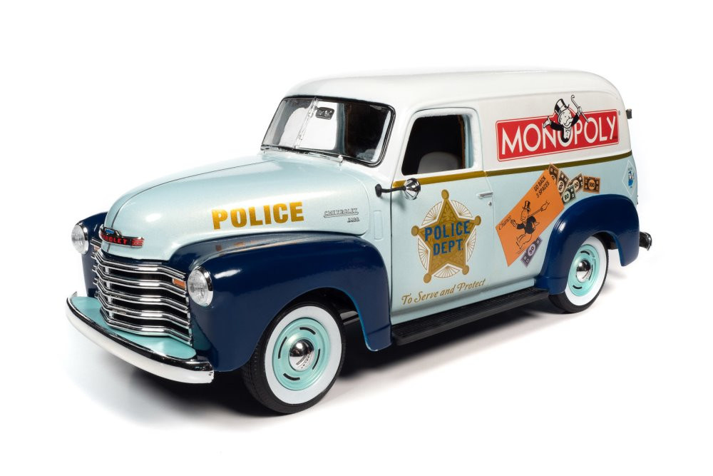 1948 Chevy Panel Police Van w/Mr. Monopoly Figurine, AWSS129 1/18 scale Diecast Model Toy Car