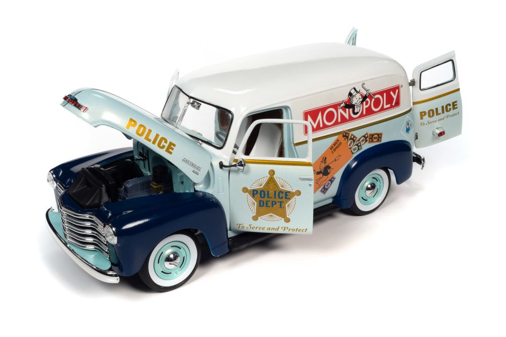 1948 Chevy Panel Police Van w/Mr. Monopoly Figurine, AWSS129 1/18 scale Diecast Model Toy Car