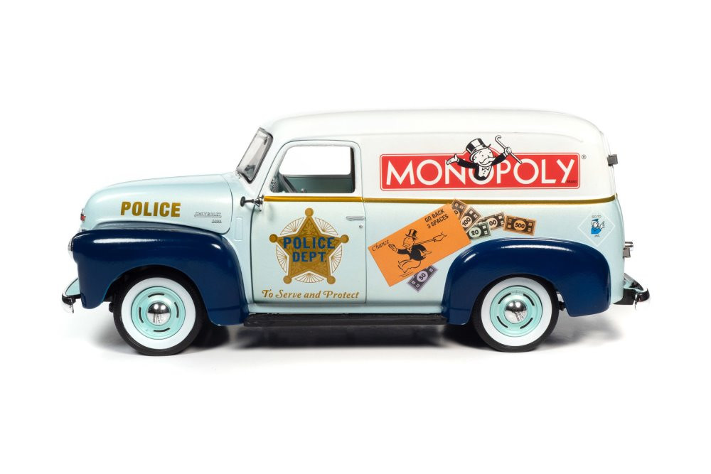1948 Chevy Panel Police Van w/Mr. Monopoly Figurine, AWSS129 1/18 scale Diecast Model Toy Car