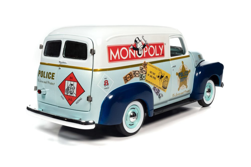 1948 Chevy Panel Police Van w/Mr. Monopoly Figurine, AWSS129 1/18 scale Diecast Model Toy Car
