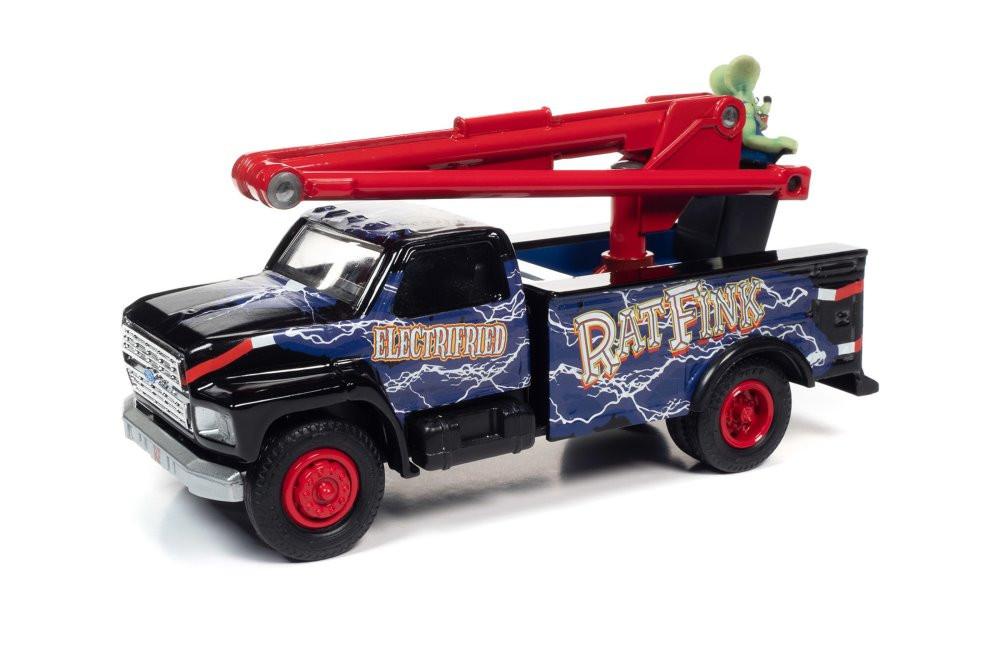 1990 Ford Utility Bucket Truck w/Rat Fink Figurine, Blue & Red - Auto World AW296, 1/34 Diecast Car