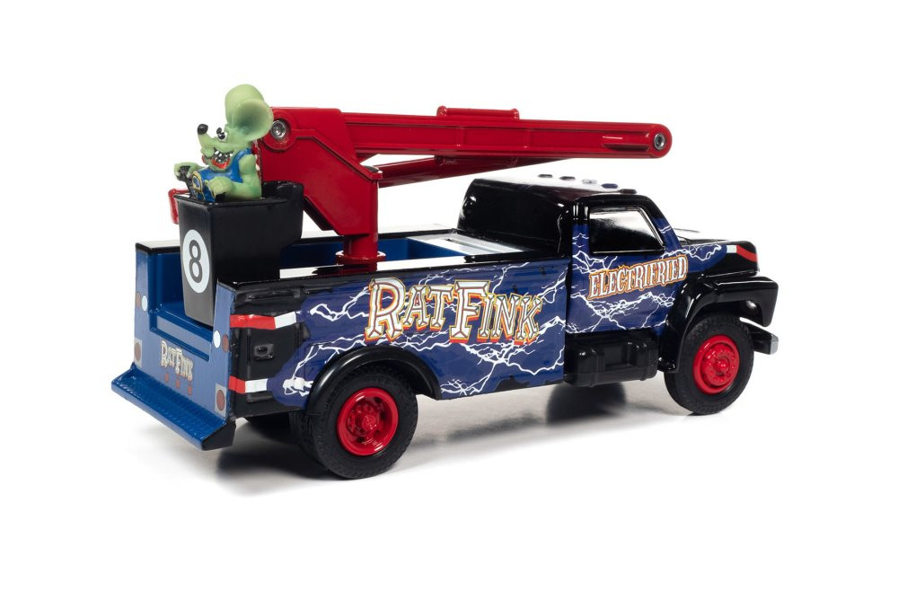 1990 Ford Utility Bucket Truck w/Rat Fink Figurine, Blue & Red - Auto World AW296, 1/34 Diecast Car