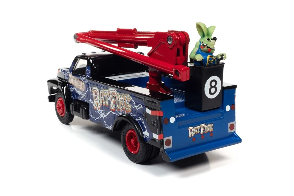 1990 Ford Utility Bucket Truck w/Rat Fink Figurine, Blue & Red - Auto World AW296, 1/34 Diecast Car