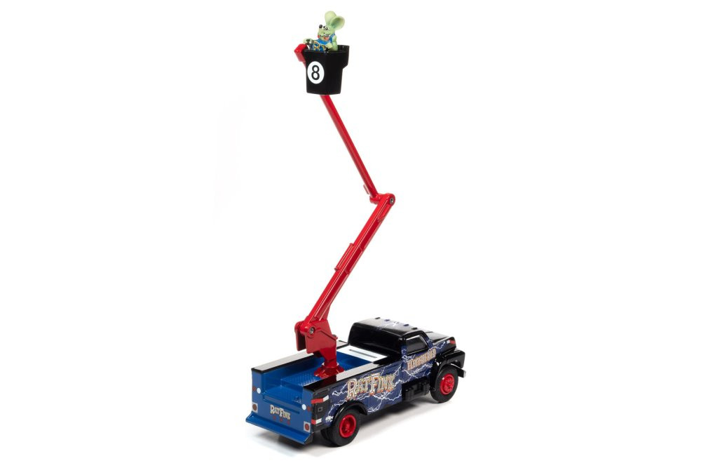 1990 Ford Utility Bucket Truck w/Rat Fink Figurine, Blue & Red - Auto World  AW296, 1/34 Diecast Car