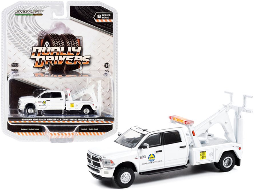 Los Angeles County Metro Freeway Service Patrol 2018 Dodge Ram 3500 Dually Wrecker Tow Truck, White - Greenlight 46080F/48 - 1/64 scale Diecast Model Toy Car