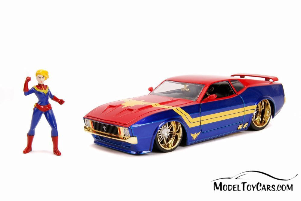 1973 Ford Mustang Mach 1 with Captain Marvel Figure, Red and Blue - Jada 31193/4 - 1/24 Diecast Car