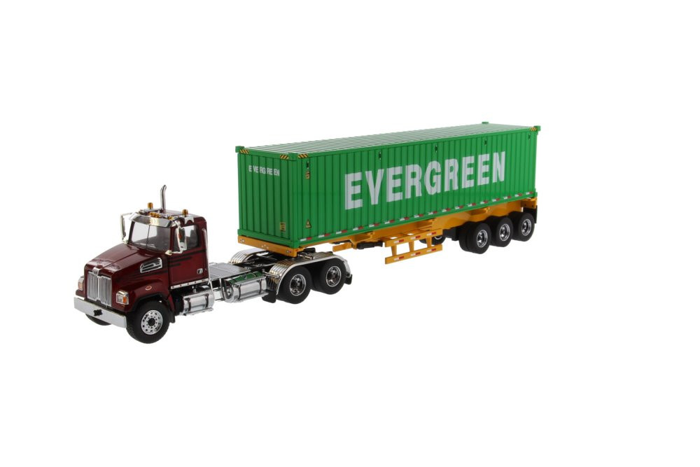 Western Star 4700 SB Tandem Cab Truck Tractor with Skeleton Trailer and 40' Evergreen Shipping Dry Goods Sea Container, Red and Green - Diecast Masters 71049 - 1/50 scale Replica