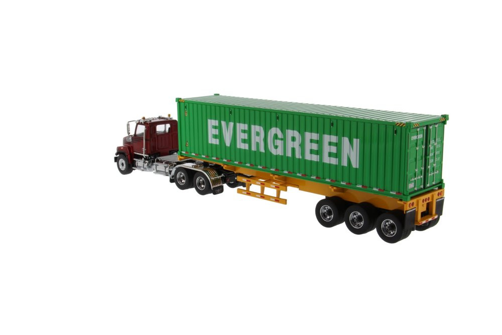 Western Star 4700 SB Tandem Cab Truck Tractor with Skeleton Trailer and 40' Evergreen Shipping Dry Goods Sea Container, Red and Green - Diecast Masters 71049 - 1/50 scale Replica