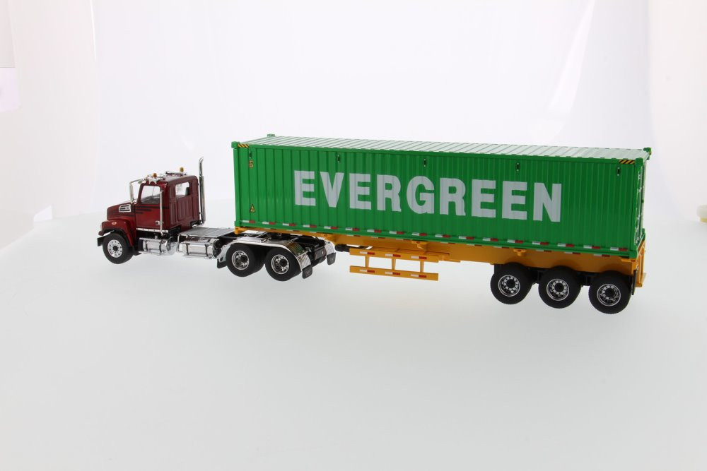 Western Star 4700 SB Tandem Cab Truck Tractor with Skeleton Trailer and 40' Evergreen Shipping Dry Goods Sea Container, Red and Green - Diecast Masters 71049 - 1/50 scale Replica