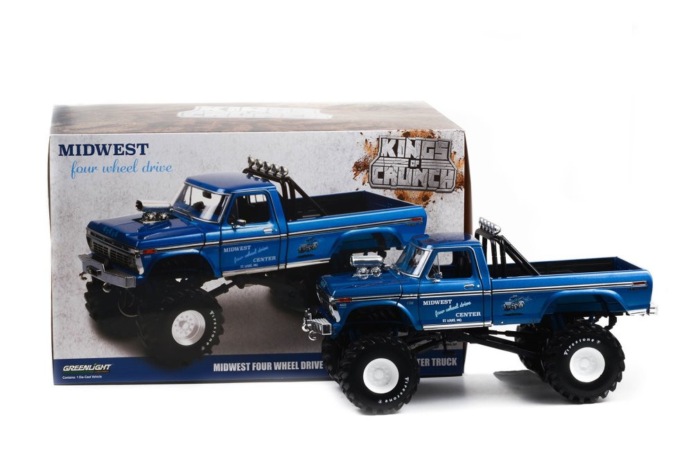 Midwest Four Wheel Drive & Performance Center 1974 Ford F-250 Monster Truck (with 48-inch Tires), Blue - Greenlight 13605 - 1/18 scale Diecast Model Toy Car