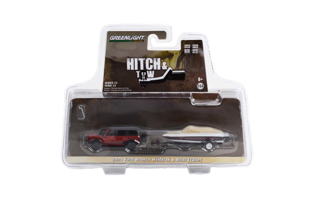 2021 Ford Bronco Wildtrak & Boat Trailer, Red - Greenlight 32230D/24 - 1/64 scale Diecast Car