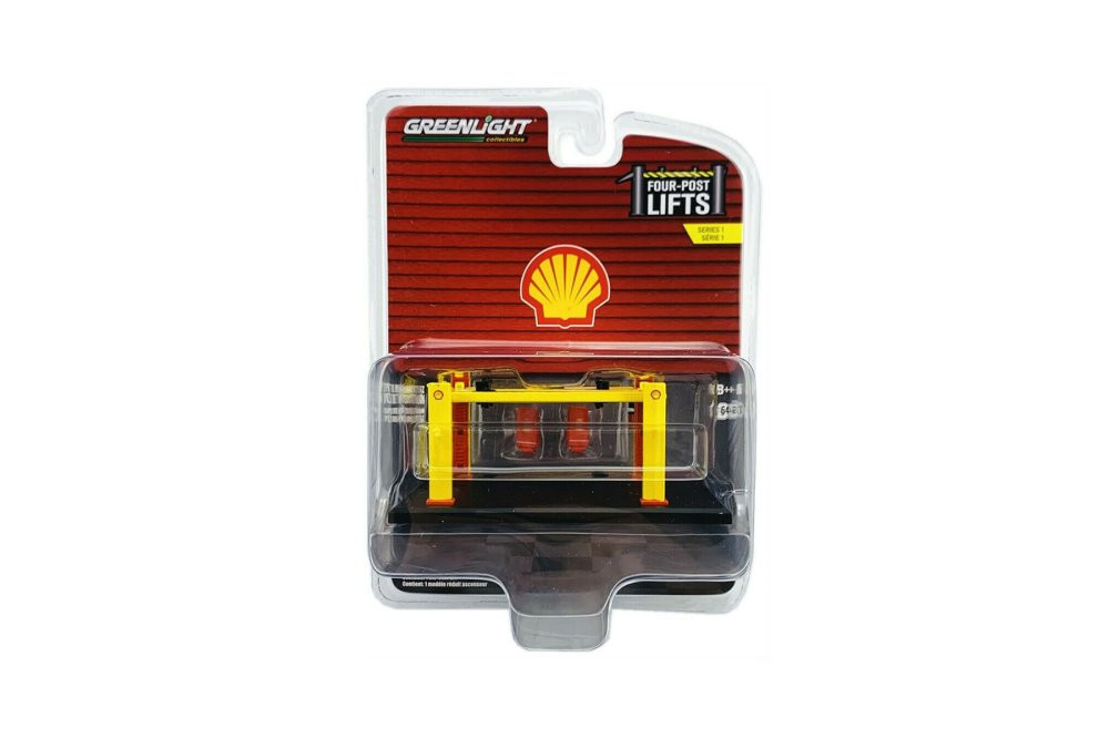 Auto Body Shop Four-Post Lift - Shell Oil, Yellow/Red - Greenlight 16100C - 1/64 Diecast Accessory