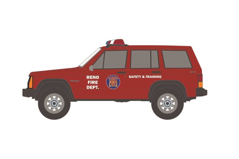 Reno Fire Department (Nevada) 1990 Jeep Cherokee, Red - Greenlight 67010D/48 - 1/64 Diecast Car