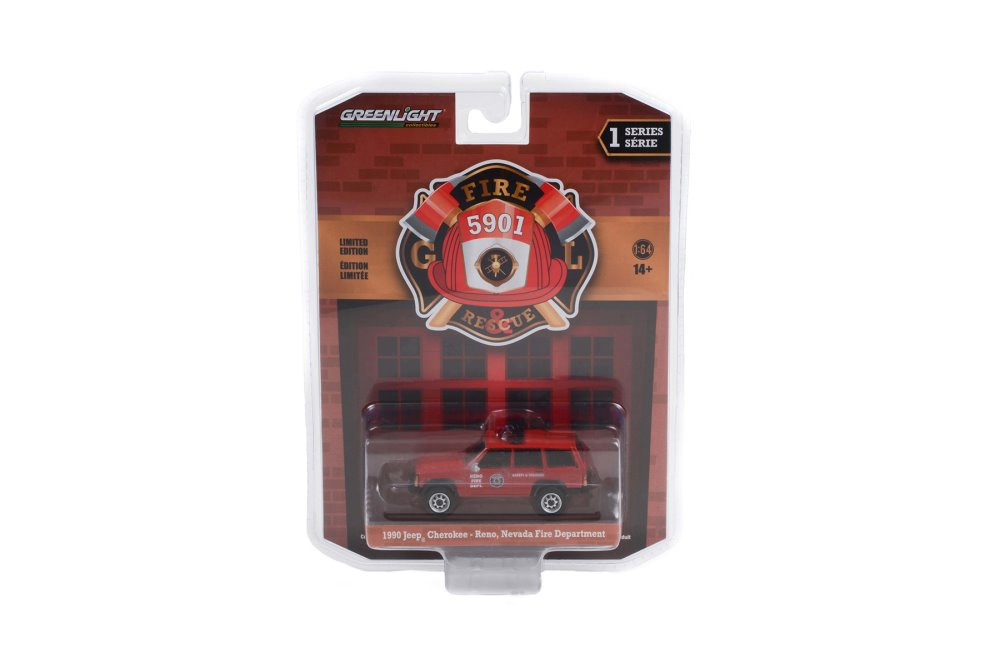 Reno Fire Department (Nevada) 1990 Jeep Cherokee, Red - Greenlight 67010D/48 - 1/64 Diecast Car