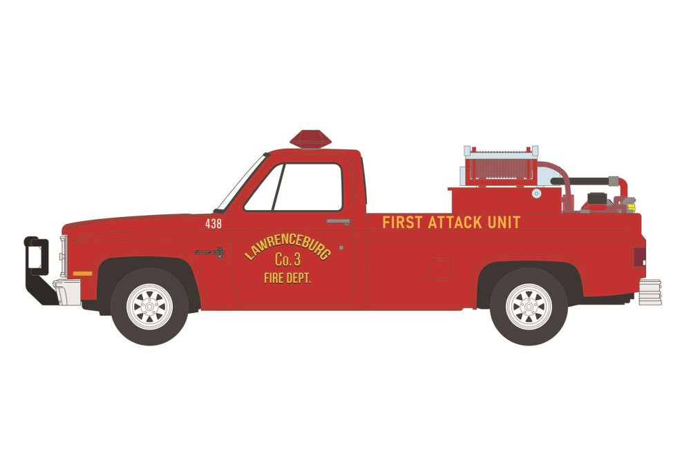 Lawrenceburg Fire Department (Indiana) 1986 Chevy C20 Custom Deluxe Pickup Truck First Attack Unit with Fire Equipment, Hose and Tank, Red - Greenlight 67010A/48 - 1/64 scale Diecast Model Toy Car