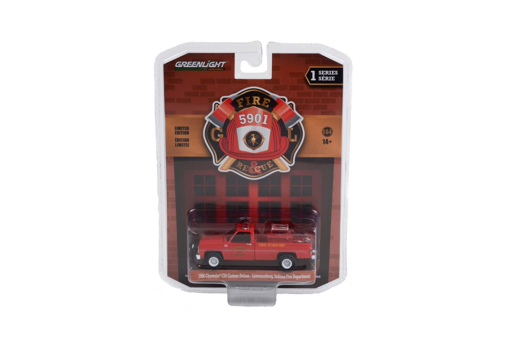 Lawrenceburg Fire Department (Indiana) 1986 Chevy C20 Custom Deluxe Pickup Truck First Attack Unit with Fire Equipment, Hose and Tank, Red - Greenlight 67010A/48 - 1/64 scale Diecast Model Toy Car