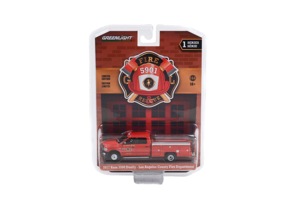 Los Angeles County Fire Department (California) 2017 Dodge Ram 3500 Dually Service Truck, Red - Greenlight 67010E/48 - 1/64 scale Diecast Model Toy Car