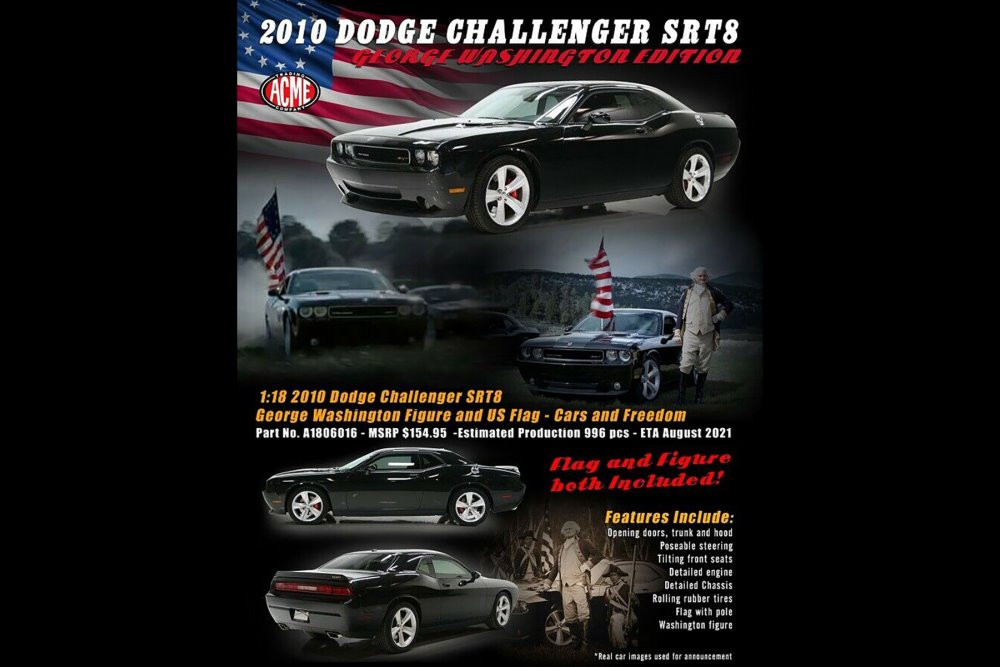 2010 Dodge Challenger SRT8 with George Washington Figurine and US Flag, Matte Black - Acme A1806016 - 1/18 scale Diecast Model Toy Car