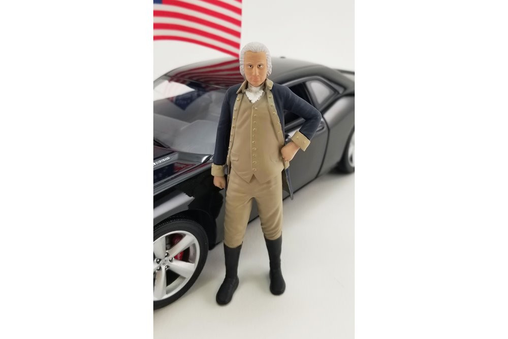 2010 Dodge Challenger SRT8 with George Washington Figurine and US Flag, Matte Black - Acme A1806016 - 1/18 scale Diecast Model Toy Car