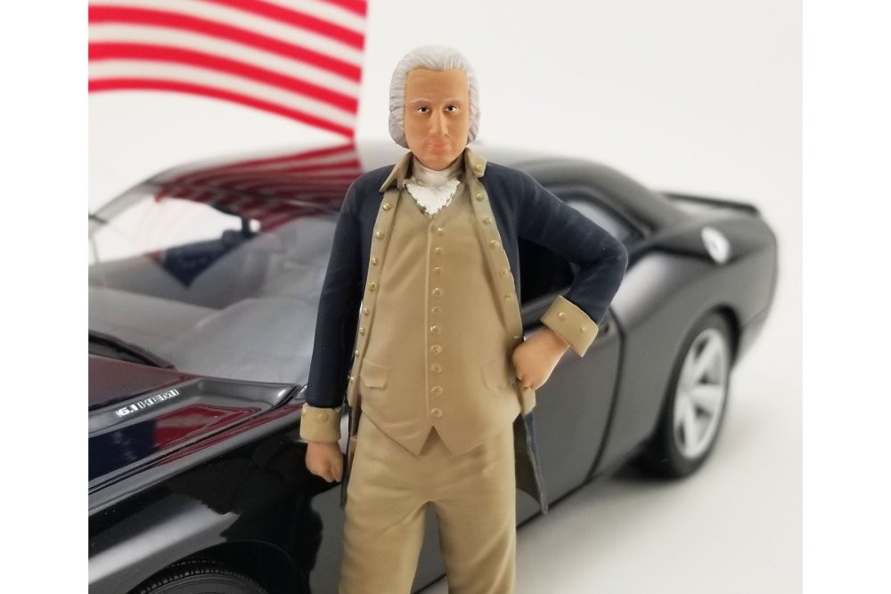 2010 Dodge Challenger SRT8 with George Washington Figurine and US Flag, Matte Black - Acme A1806016 - 1/18 scale Diecast Model Toy Car