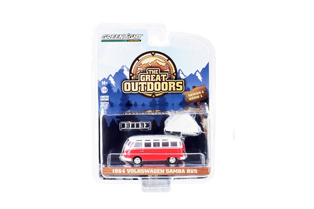 1964 Volkswagen Samba w/Camp'otel Rooftop Sleeper Tent, Red - Greenlight 38010A - 1/64 Diecast Car