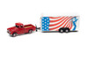 1955 Chevy Cameo Pickup Truck with Enclosed Car Trailer, Cardinal Red with American Flag Graphics - Johnny Lightning JLSP200/24A - 1/64 scale Diecast Model Toy Car