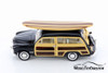 1949 Ford Woody Wagon with Surfboard Hardtop, Black - Kinsmart 5402DS1 - 1/40 scale Diecast Model Toy Car