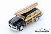 1949 Ford Woody Wagon with Surfboard Hardtop, Black - Kinsmart 5402DS1 - 1/40 scale Diecast Model Toy Car