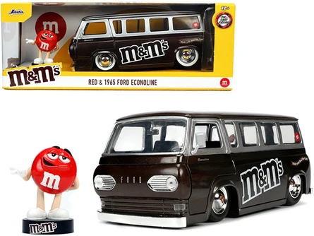 1965 Ford Econoline Bus with Red m&m's Figurine, Brown- Jada Toys 32027 - 1/24 Diecast Car