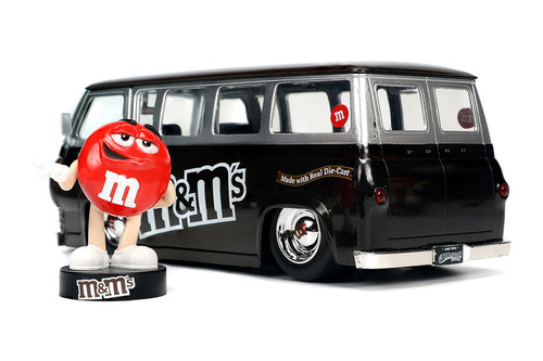 1965 Ford Econoline Bus with Red m&m's Figurine, Brown- Jada Toys 32027 - 1/24 Diecast Car