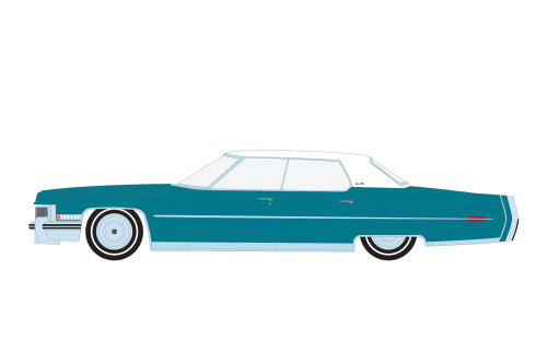 1973 Cadillac Sedan deVille, Turquoise w/ White Roof - Greenlight 63010F 1/64 scale Diecast Car