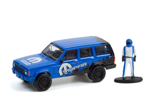 2001 Jeep Cherokee Sport & Race Car Driver Figurine, Greenlight 97120E/48 - 1/64 scale Diecast Car