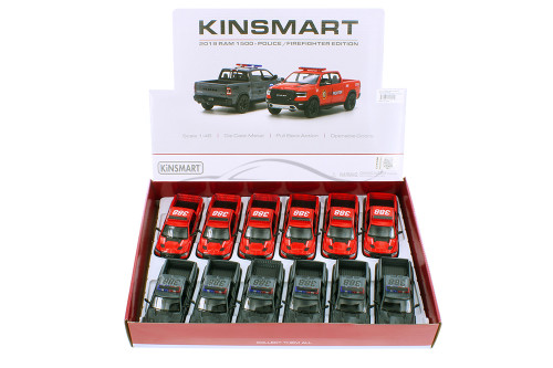 Kinsmart Dodge Ram 1500 Police & Firefighter Pick-Up Truck Diecast Car Set - Box of 12 1/36 Scale Diecast Model Cars, Assorted Colors