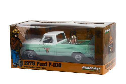 1975 Ford F-100 w/ Smokey Bear Figure, Green - Greenlight 13636 - 1/18 scale Diecast Car